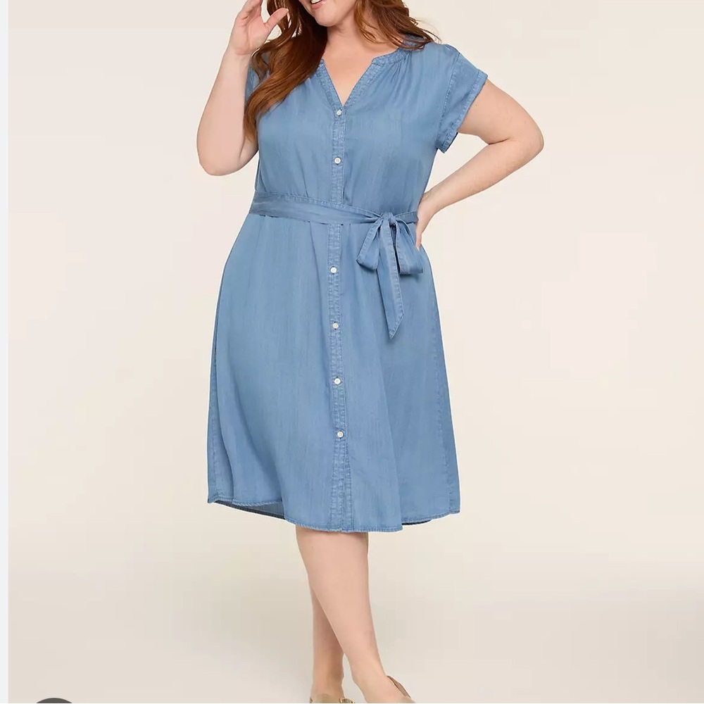 Lane Bryant Light Blue Button-Front Tie-Waist Midi Dress